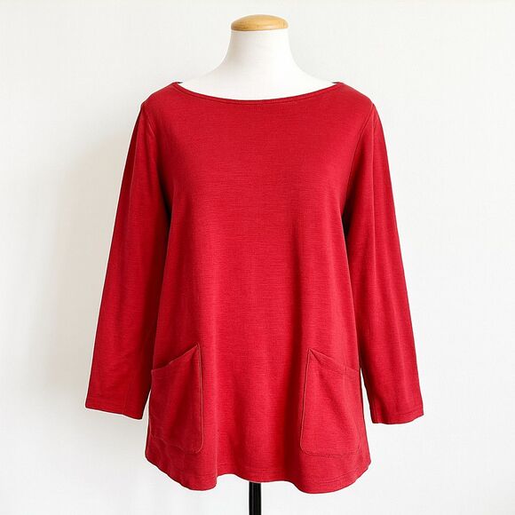 Pure Jill Red Top Womens Large Long Sleeve Pocket Tunic 100% Cotton Casual Basic - Picture 1 of 7